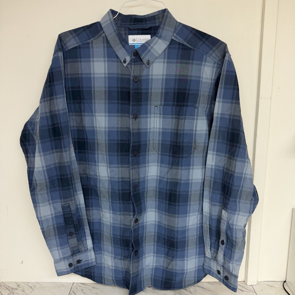 Columbia Men Large Long Sleeve Blue Gray Plaid Button Up Shirt 1923031